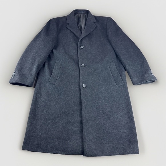 Chaps Wool Blend Trench Coat Mens 44R Black Topcoat Overcoat Button Up Jacket